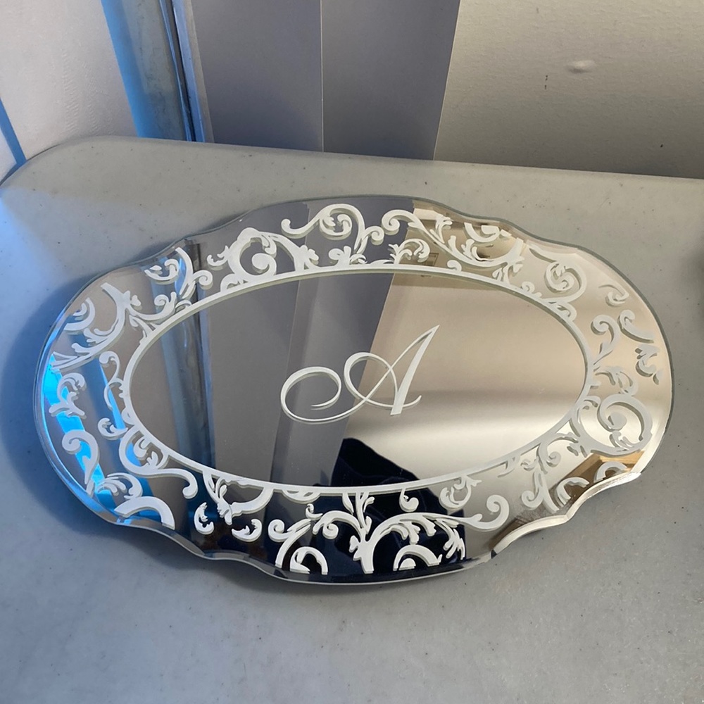 Monogrammed “A” with filigree design mirrored bath/bed vanity tray